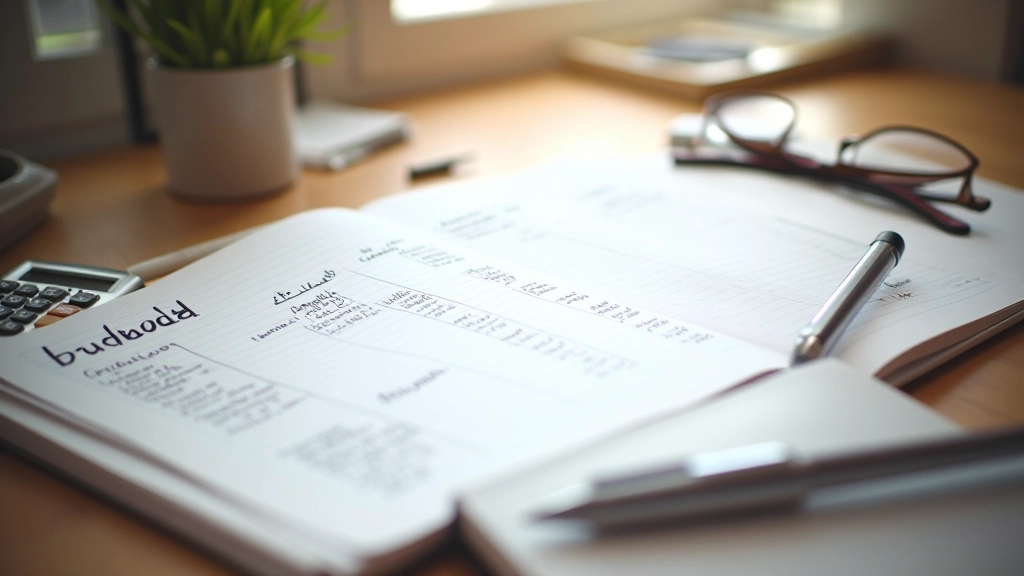 Sešit s tabulkou rozpočtu na dřevěném stole vedle kalkulačky a pera