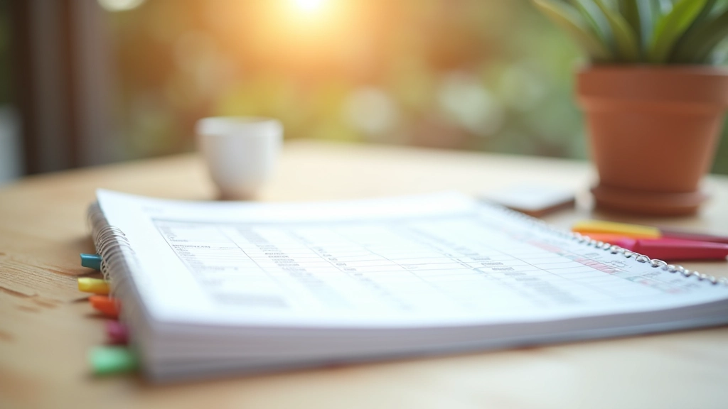 Sešit s psaným rozpočtem a barevnými zvýrazňovači na stole