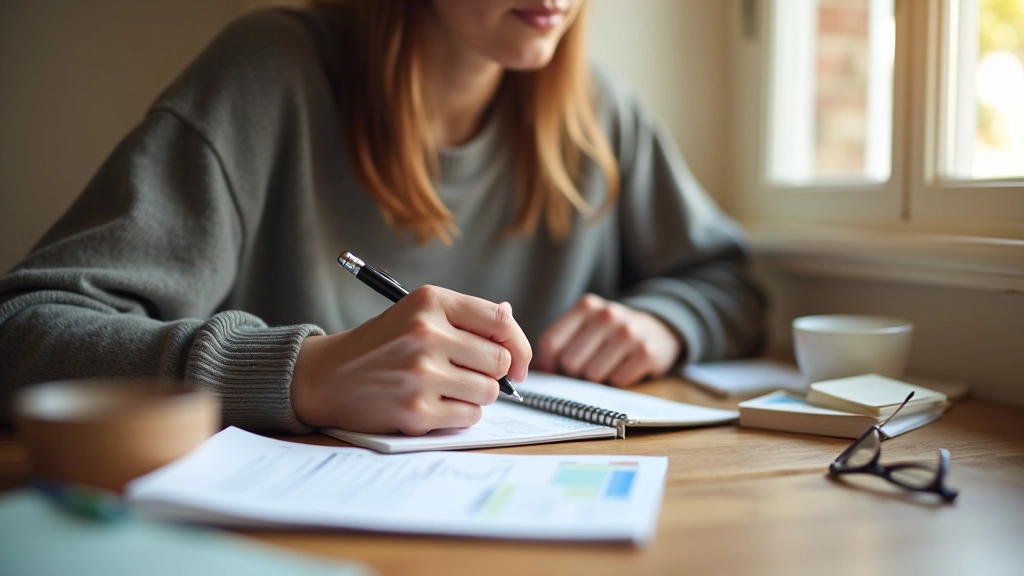 Osoba sedící u stolu s poznámkovým blokem a perem, plánuje měsíční rozpočet