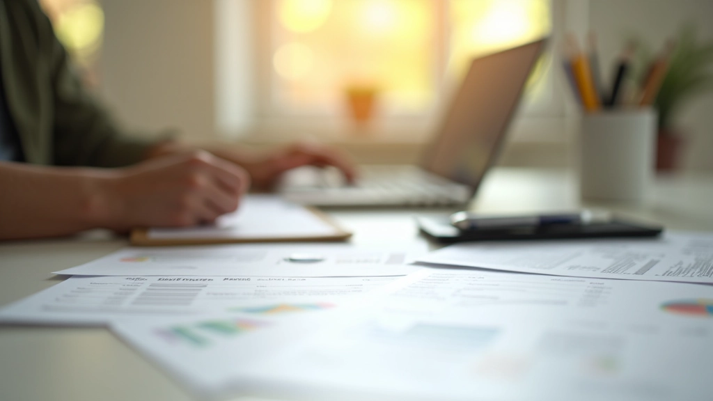 Přehledný pracovní stůl s notebookem a finančními dokumenty